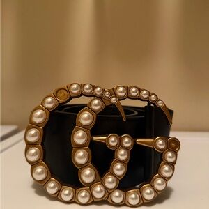 Gold Pearl-Embellished Black Leather Belt - Designer Style